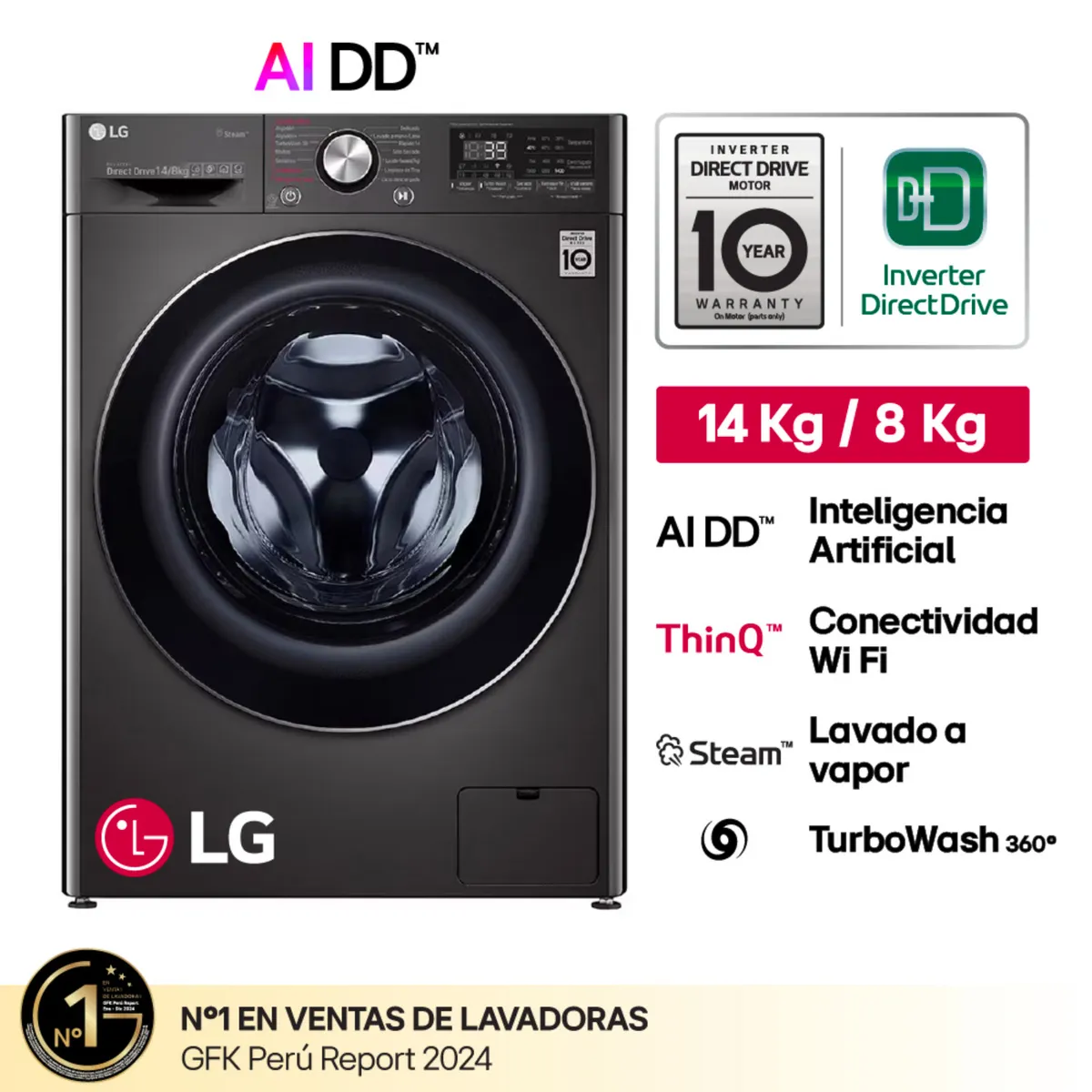 LG - Lavaseca WD14BVC2S6C 14/8Kg AI DD Carga Frontal Negro Acero LG