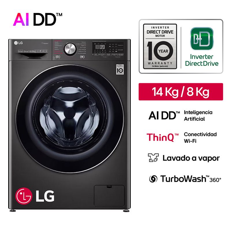 LG - Lavaseca WD14BVC2S6C 14/8Kg AI DD Carga Frontal Negro Acero LG