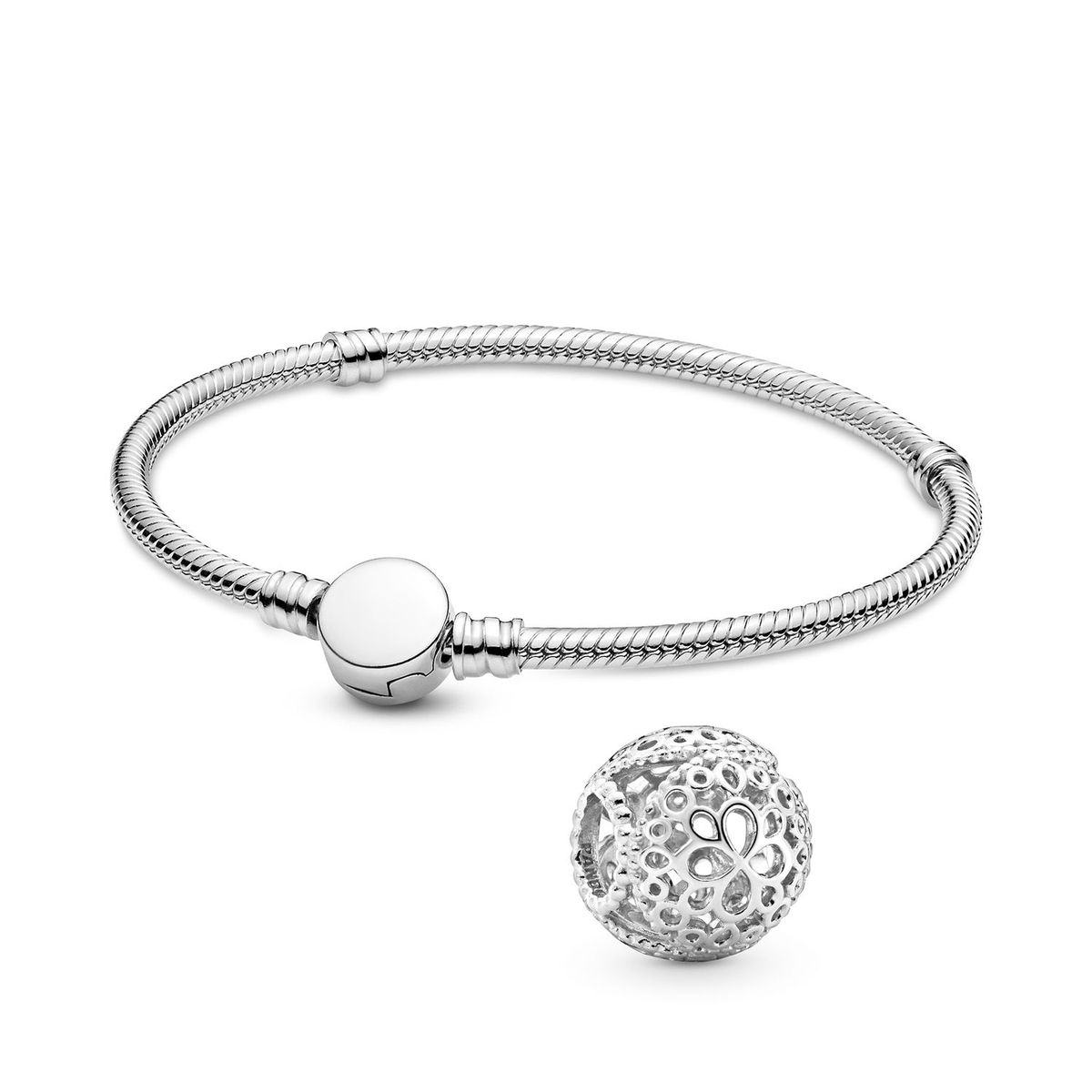 PANDORA - Brazalete cadena de serpiente y Charm Flor Openwork Plata Esterlina