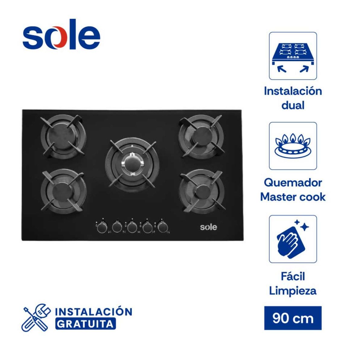 Sole - Encimera Vidrio Templado a Gas 90 Cm 5 Hornillas SOLCO069