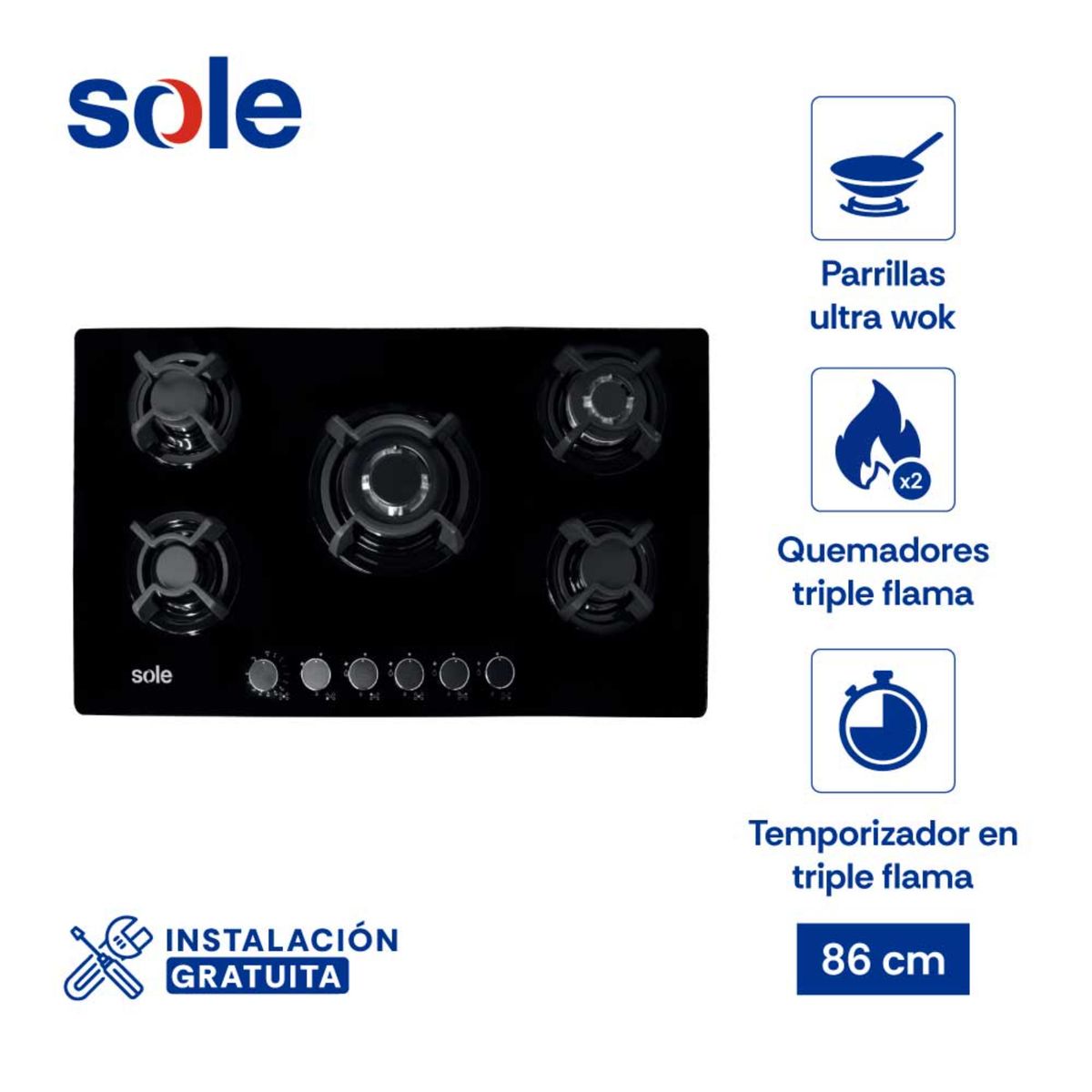 SOLE - Encimera Sole Vidrio Templado 86 Cm 5 Hornillas