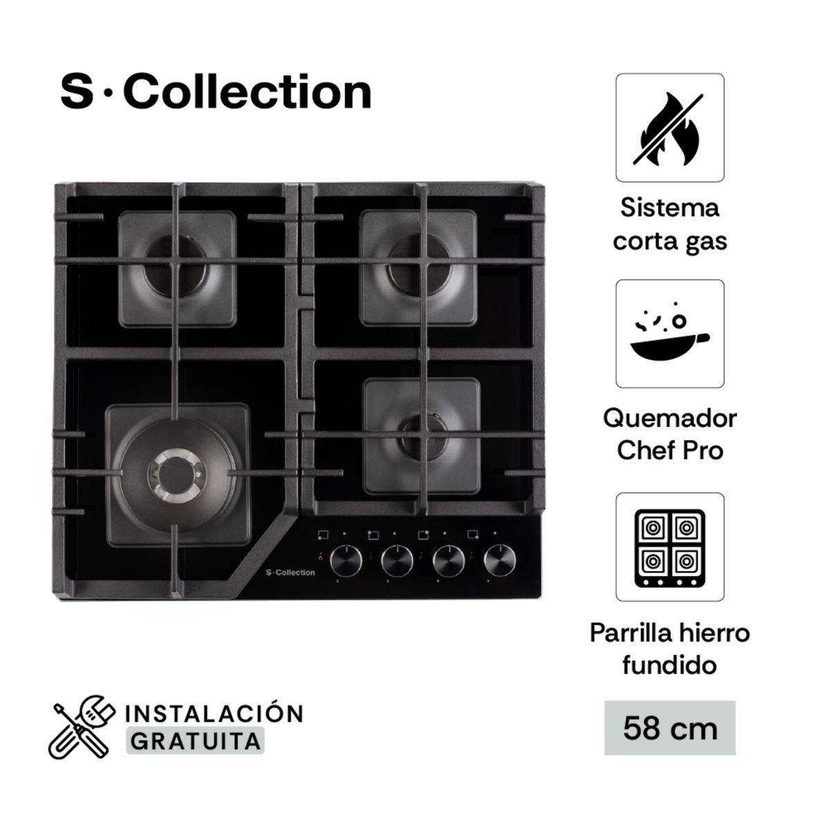 SCOLLECTION - Encimera Scollection Vidrio Templado A Gas 58Cm 4 Hornillas