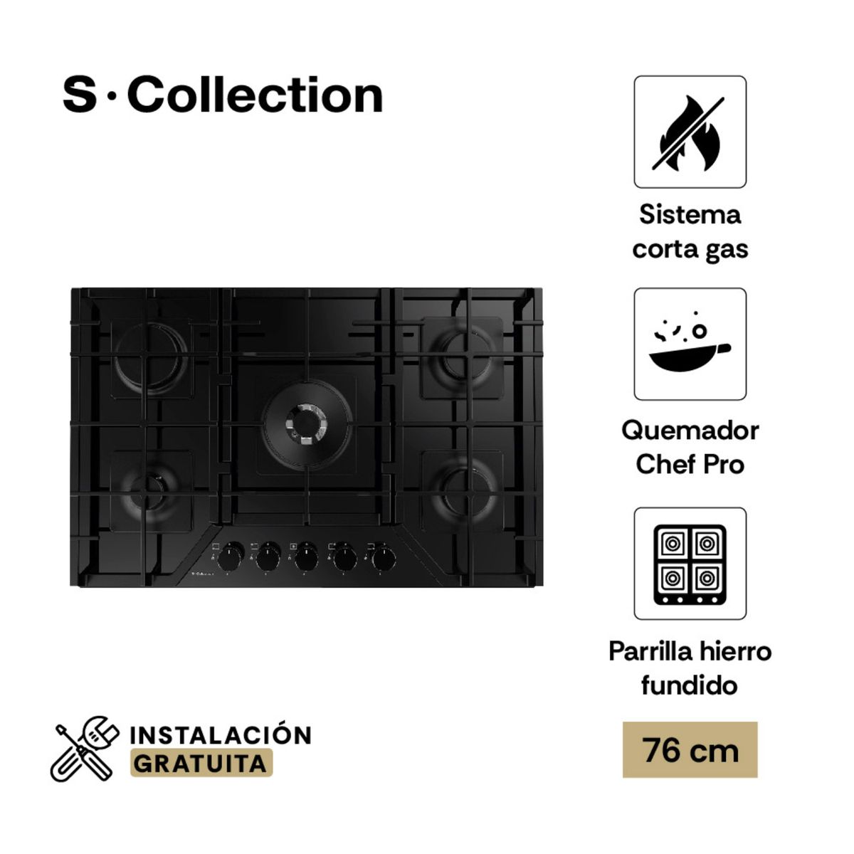 SOLE - Encimera Scollection Vidrio Templado A Gas 76Cm 5 Hornillas