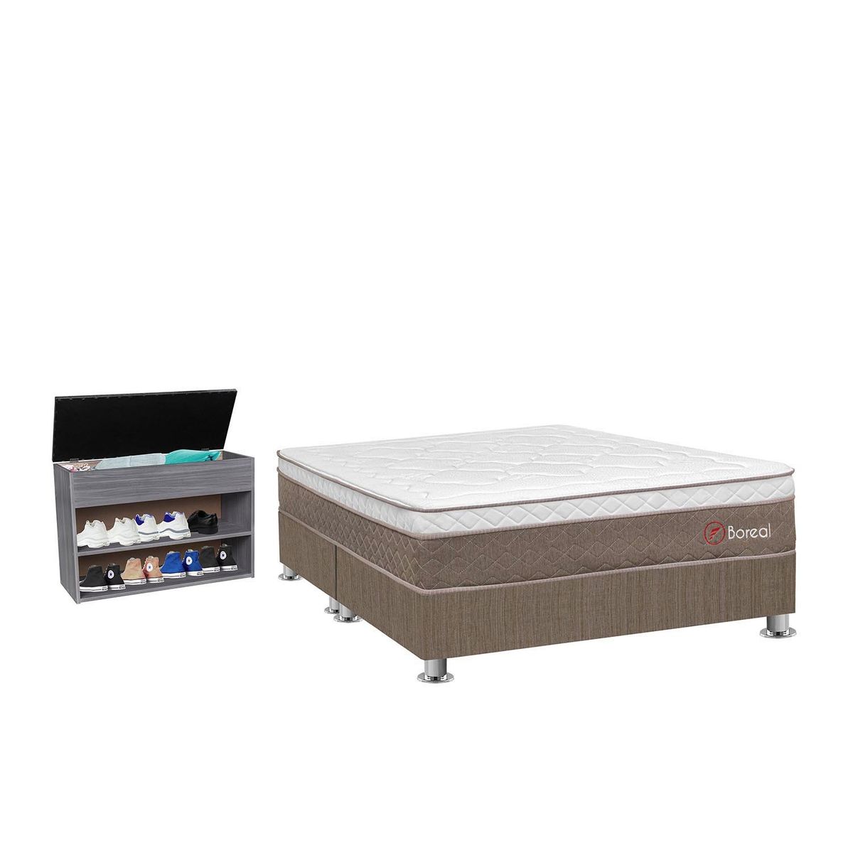 FORLI - Cama Box Tarima Boreal Pocket Ss Queen + Zapatera + 2 Almohadas Viscoelásticas + Protector