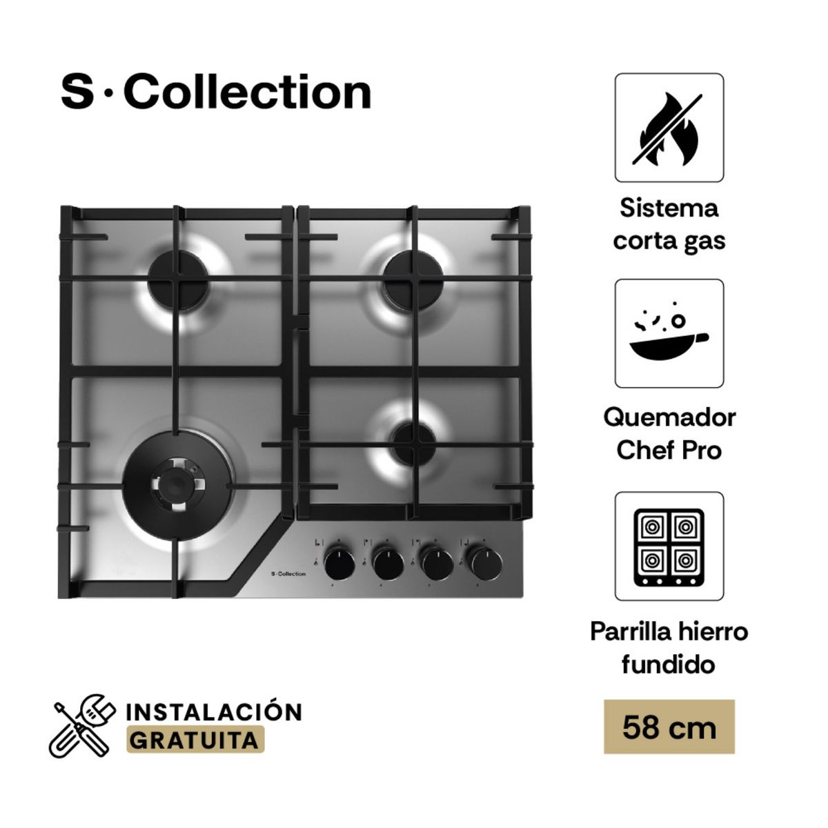 SOLE - Encimera Scollection Acero Inoxidable A Gas 58Cm 4 Hornillas