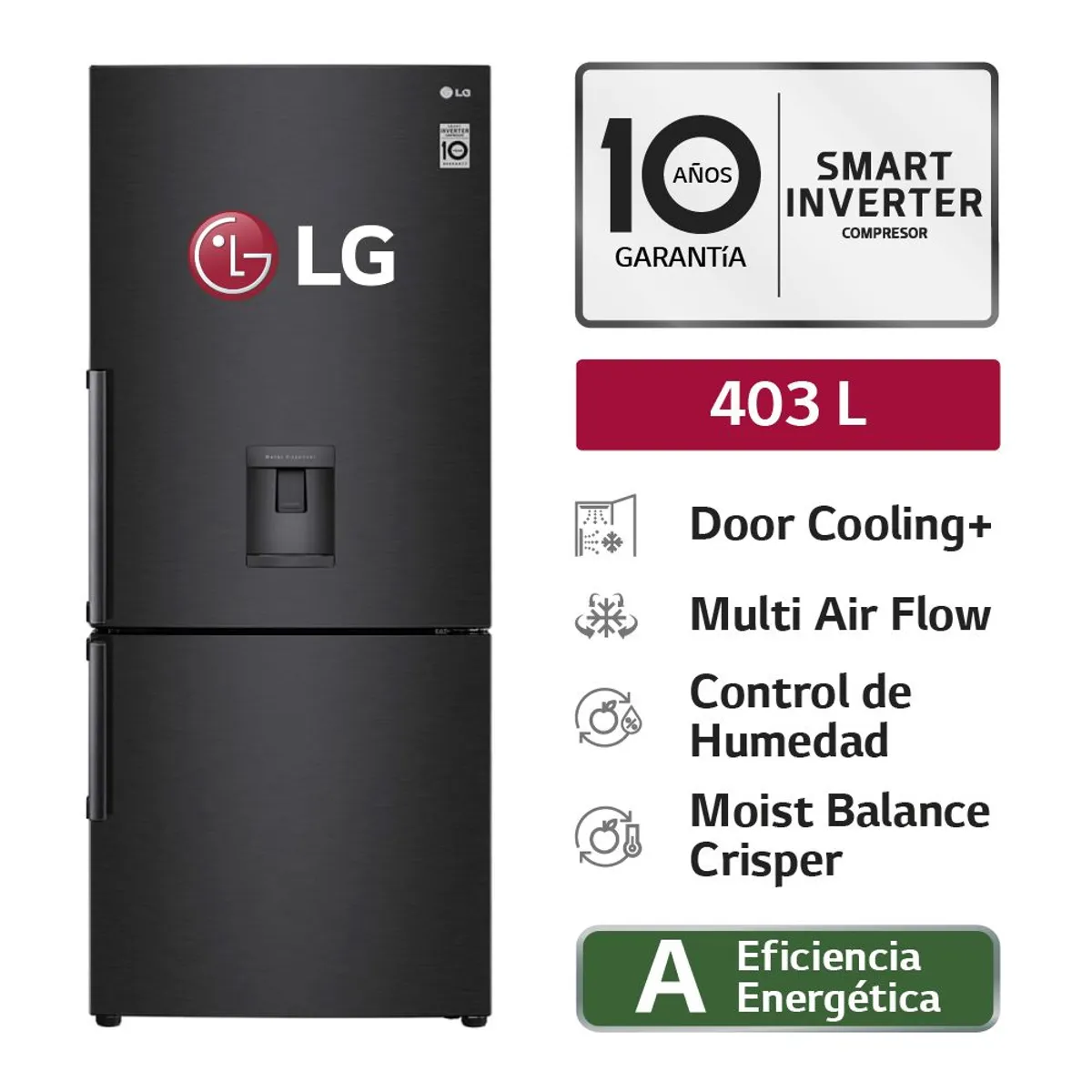 LG - Refrigeradora GB41WGT 403L Door Cooling Bottom Freezer Negro Mate LG.
