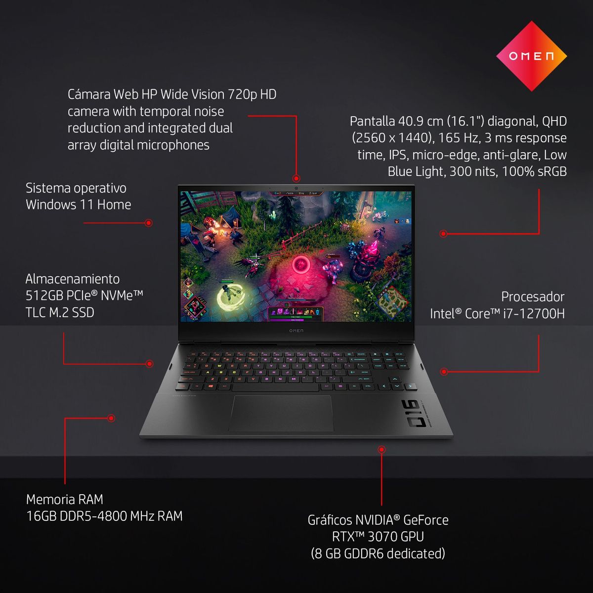 HP - Gamer HP Intel Core i7 RTX-3070 16GB 512GB SSD Omen 12° Gen 16" 16-b1000la 