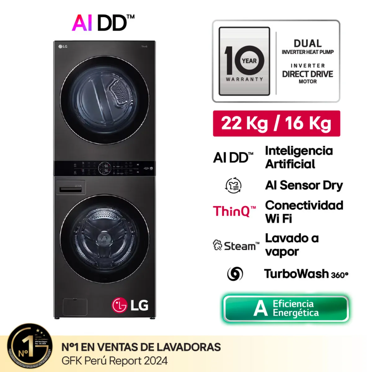 LG - Centro De Lavado Washtower WK22BS6 22/16 Kg AI DD Carga Frontal Negro Acero LG