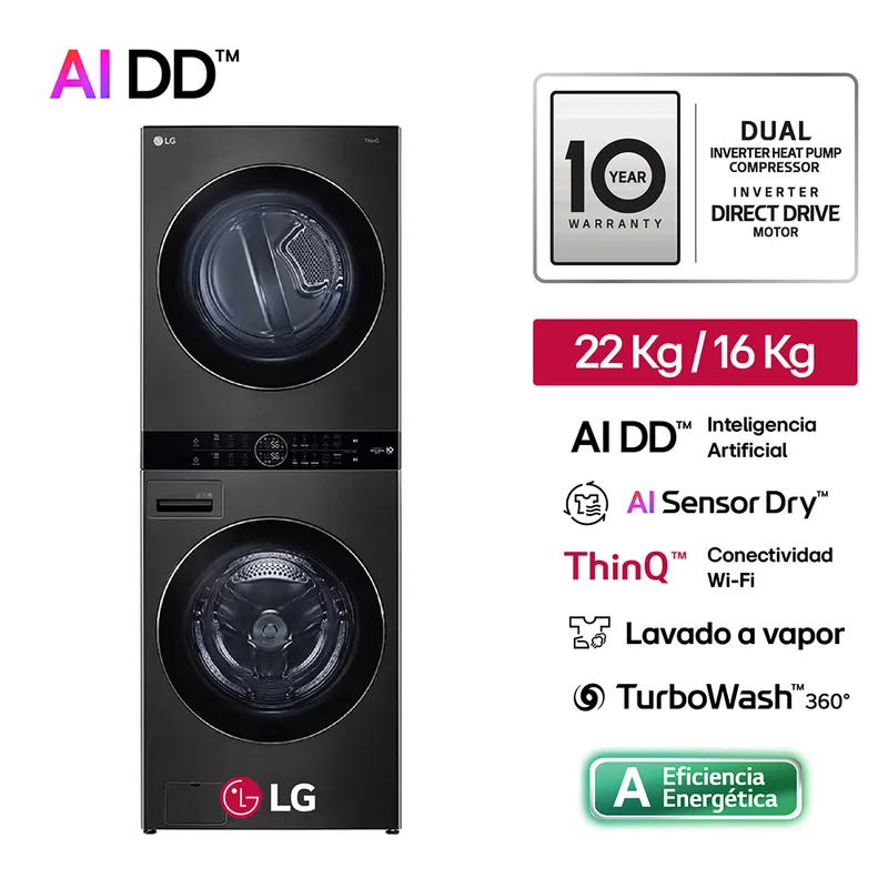 LG - Centro De Lavado Washtower WK22BS6 22/16 Kg AI DD Carga Frontal Negro Acero LG