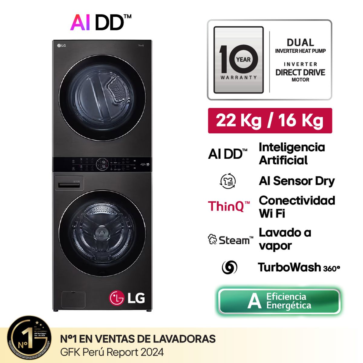 LG - Centro De Lavado Washtower WK22BS6 22/16 Kg AI DD Carga Frontal Negro Acero LG