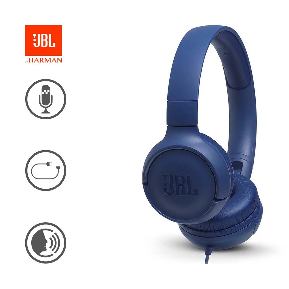 JBL - Audífonos JBL T500 Pure Bass Sound On Ear con Micrófono Azul