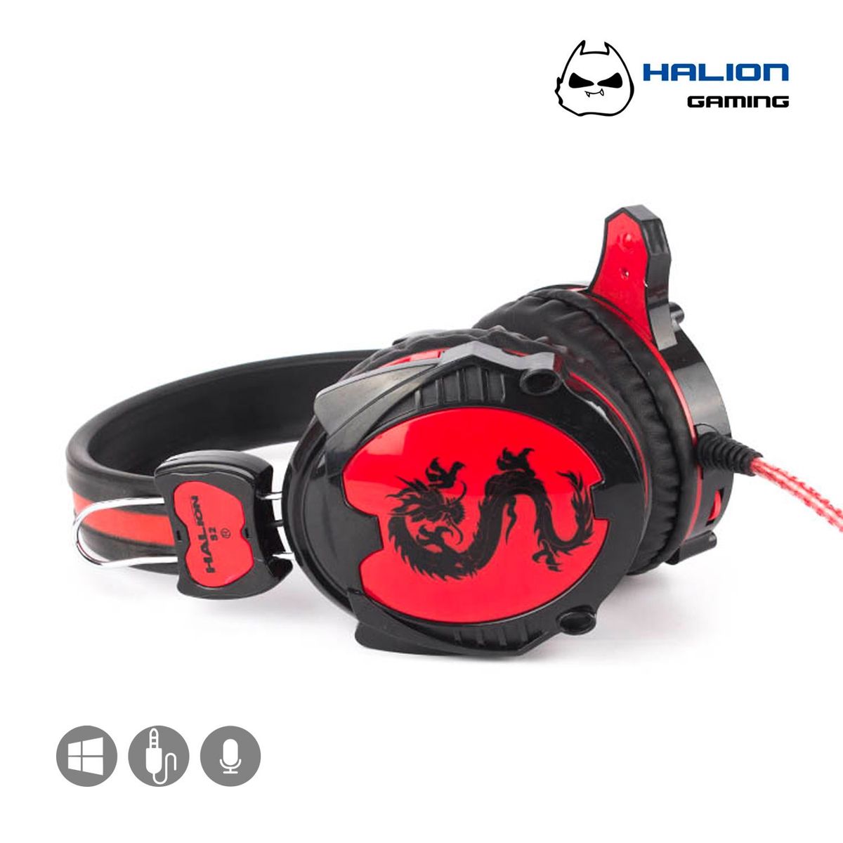 HALION - Audífono Halion Gamer S2 Dragon con Micrófono Para PC 3.5mm Negro/Rojo