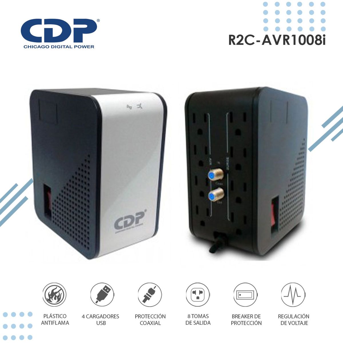 CDP - Estabilizador de Voltaje CDP R2C-AVR1008I 1000VA/500W 8 Tomas de Salida