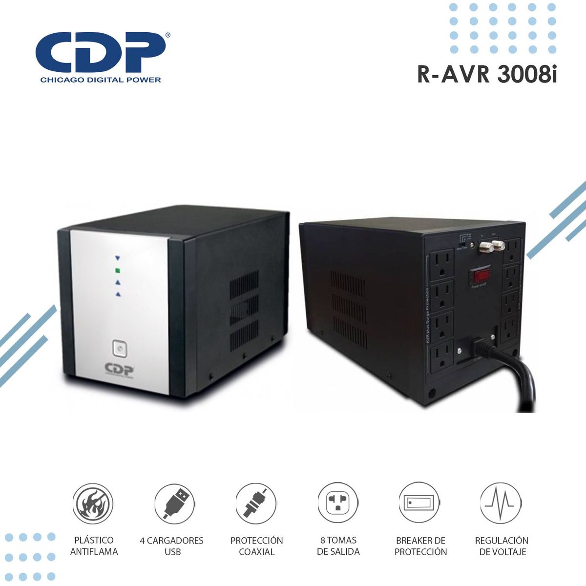 CDP - Estabilizador De Voltaje CDP R-AVR3008i 3000VA/2400W 8 Tomas de Salida