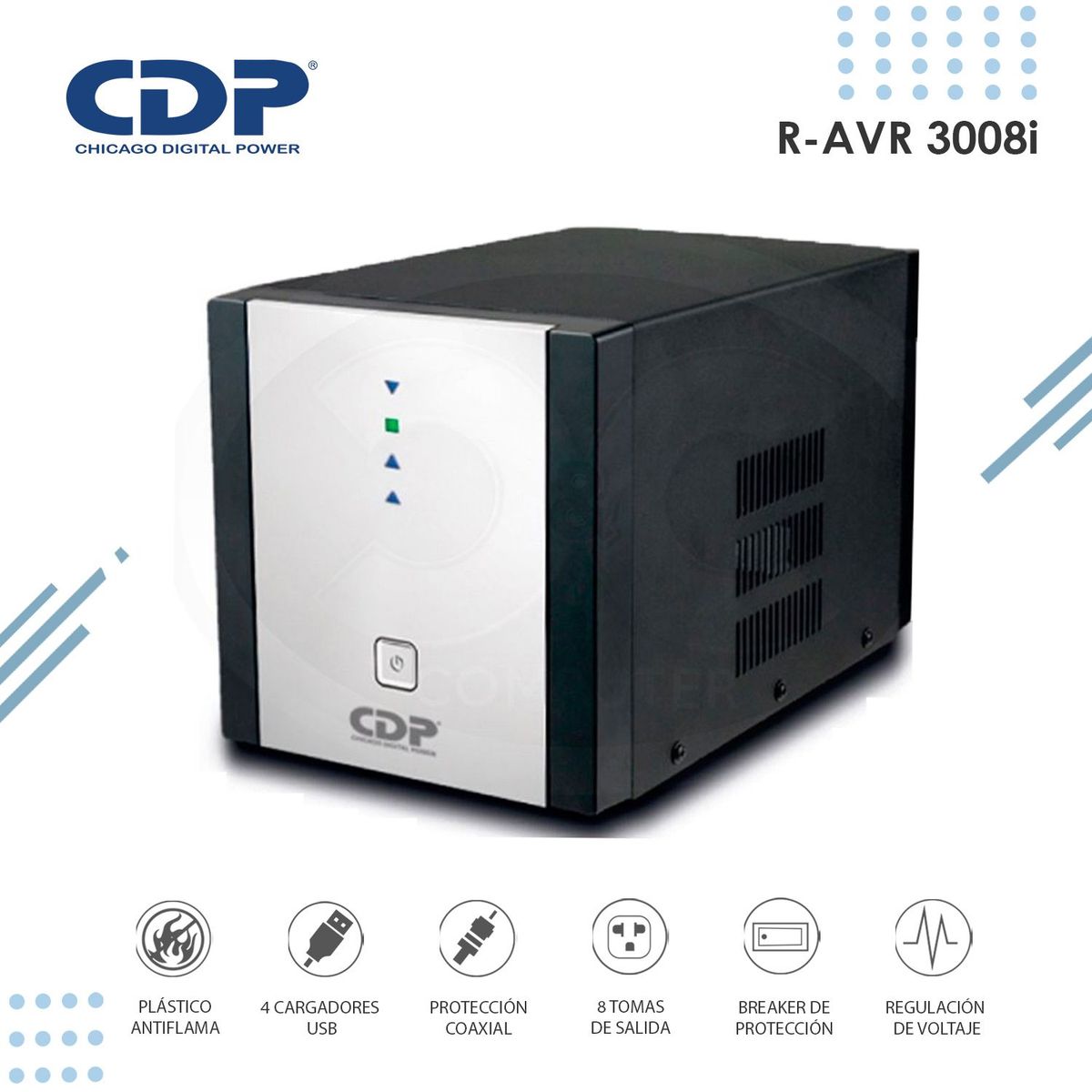 CDP - Estabilizador De Voltaje CDP R-AVR3008i 3000VA/2400W 8 Tomas de Salida
