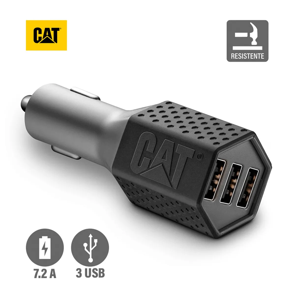 CAT - Cargador De Auto CAT Resistente Carga Rapida USB 7.2A DC 3 Puertos