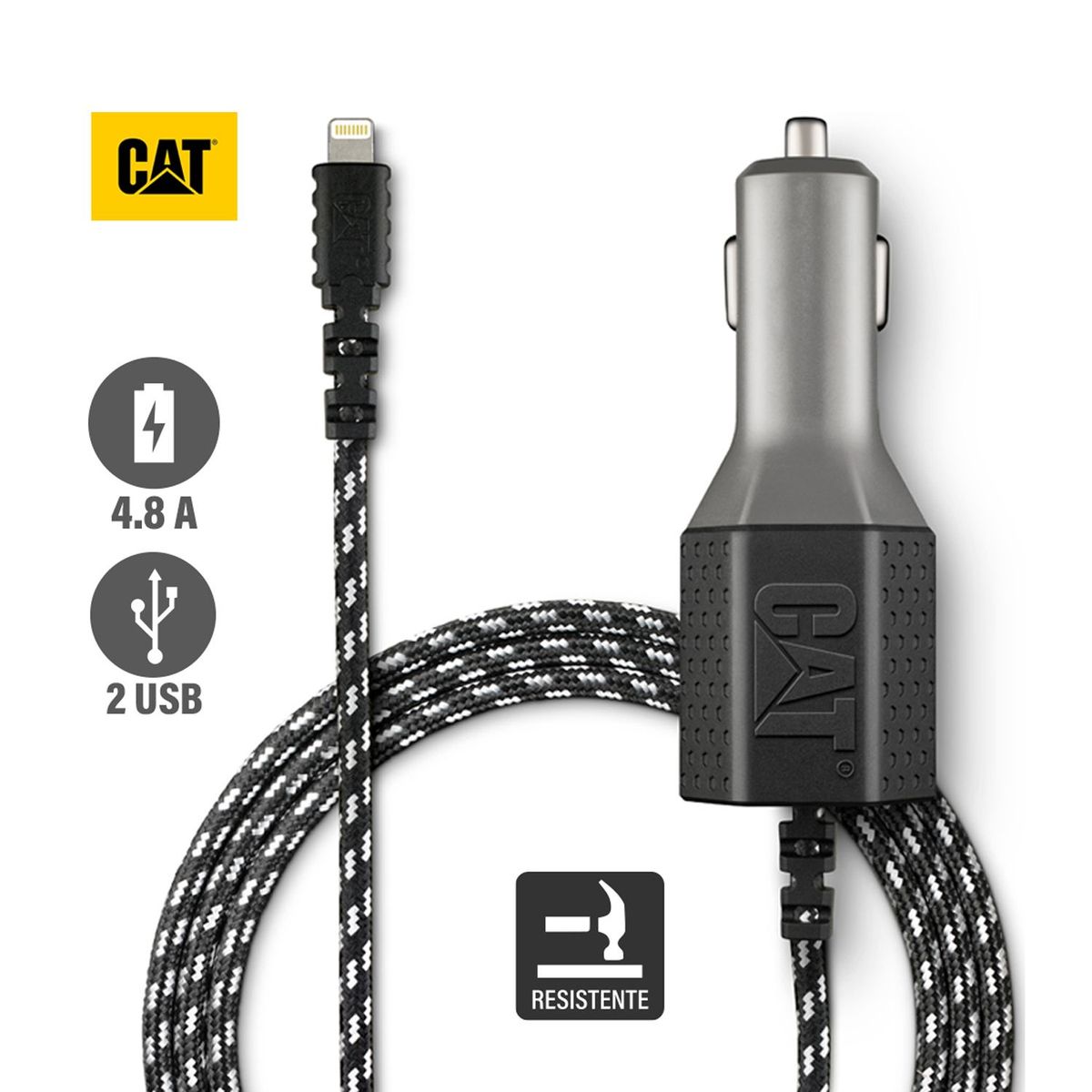 CAT - Cargador De Auto CAT Resistente Con Cable USB-Lightning 4.8 a 2 Puerto