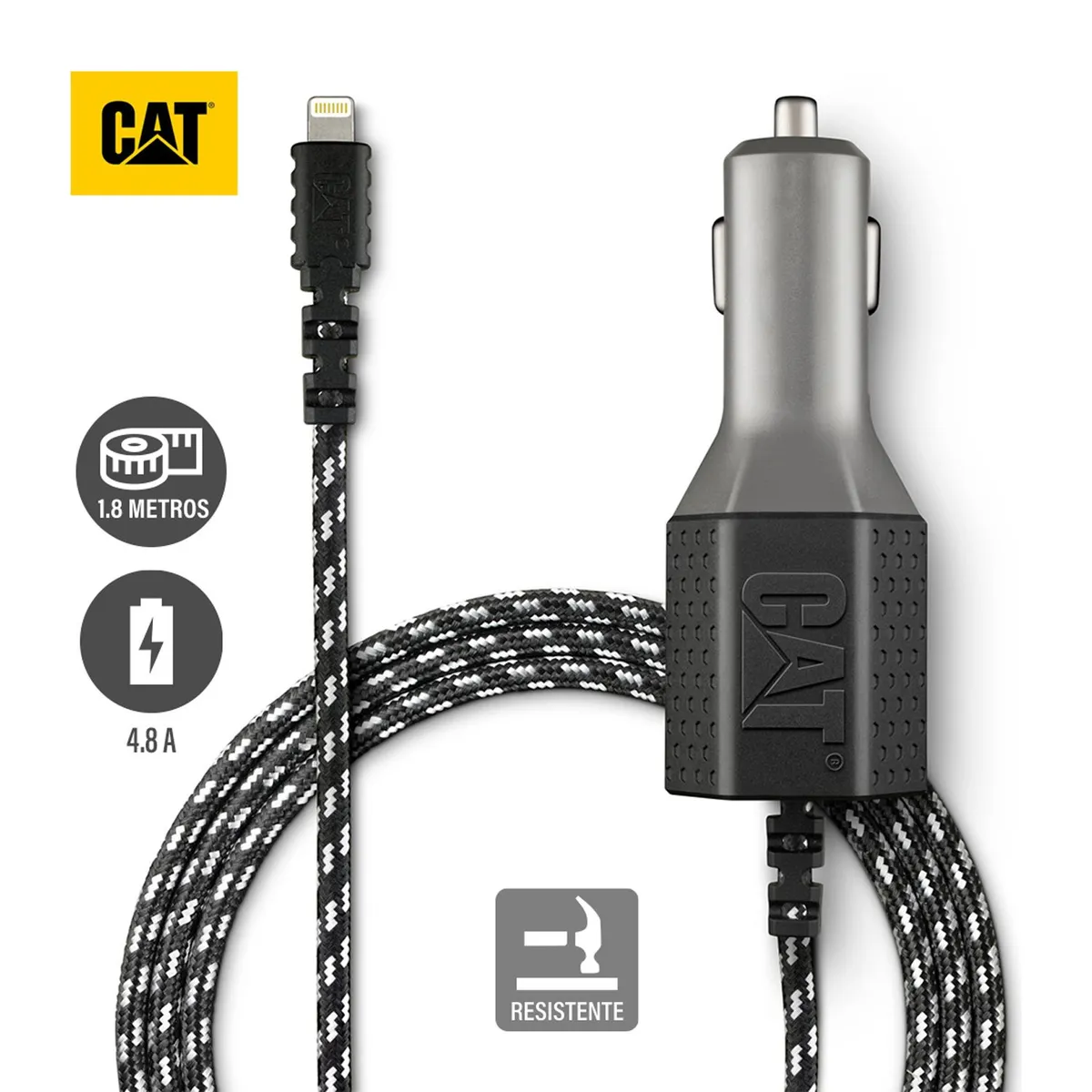 CAT - Cargador De Auto CAT Resistente Con Cable USB-Lightning 4.8 a 1.8 Metros