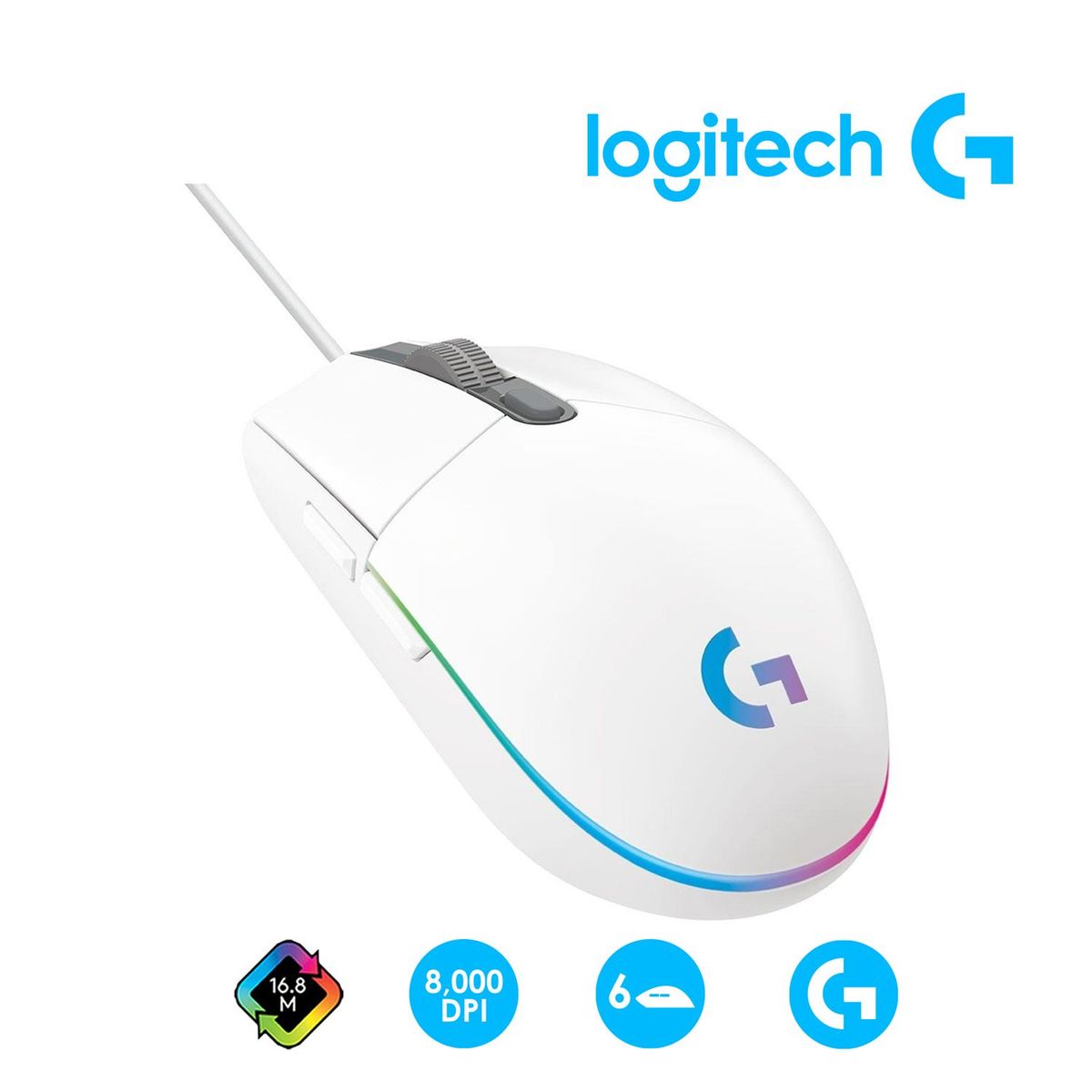 LOGITECH - Mouse Óptico Logitech G203 6 Botones RGB DPI 8000 Blanco