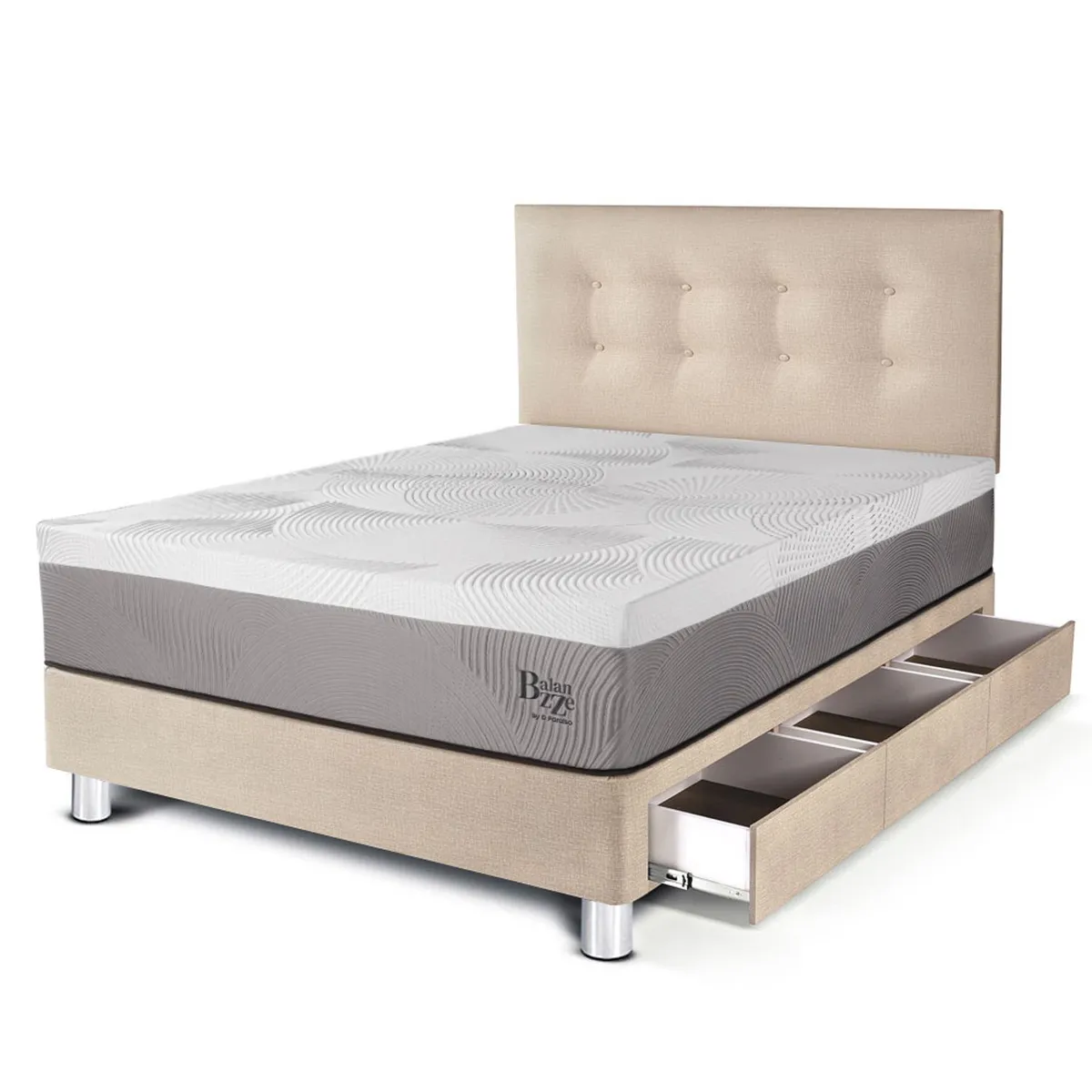 PARAISO - Dormitorio Con Cajones Balanzze 1.5 Plz Champagne + 1 Almohada Viscoelástica