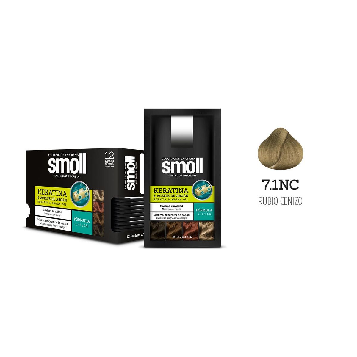  - Tinte para Cabello 7.1NC Rubio Cenizo Caja 12 Unidades Smoll