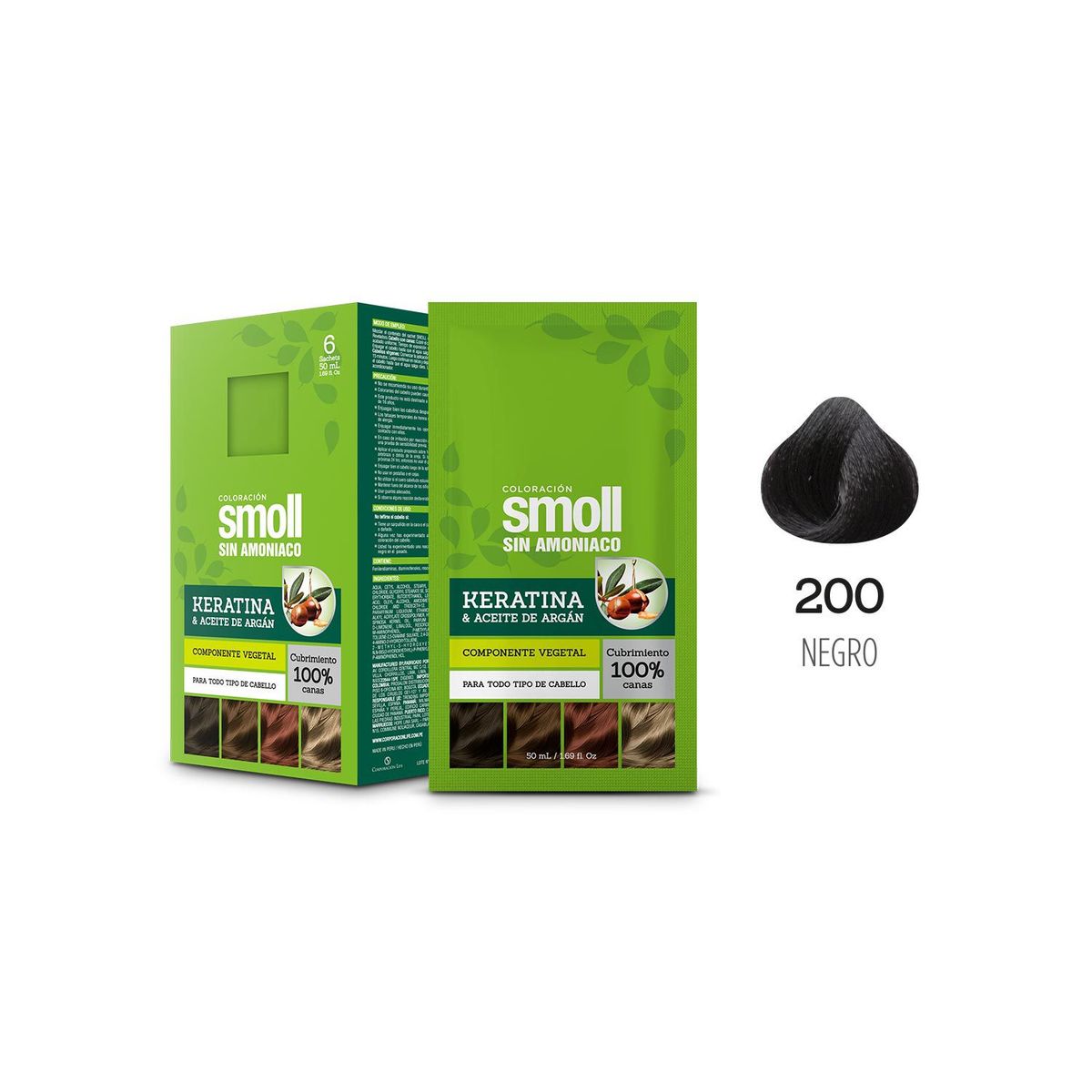  - Tinte para Cabello Sin Amoniaco 200 Negro Caja 6 Unidades Smoll