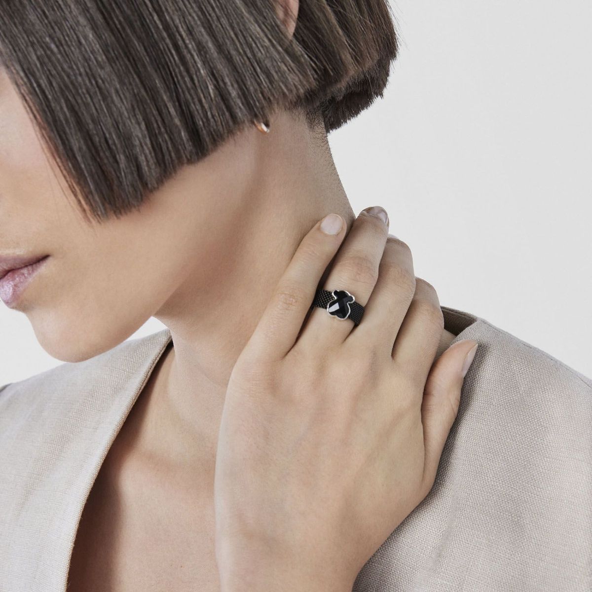 TOUS - Anillo De Acero Ip Negro  Ónix Facetada