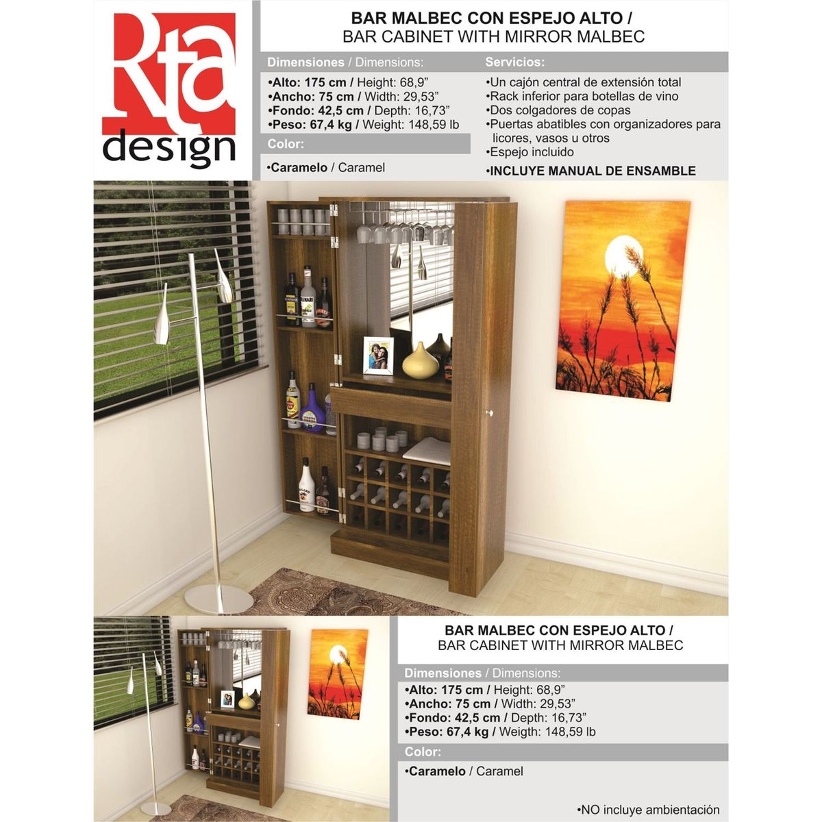 TUHOME - Bar Malbec 2 Puertas (Porta copas y porta botellas)