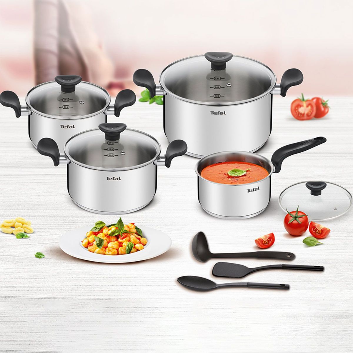 T-FAL - Juego de Ollas 11 Piezas Acero Inoxidable Primary