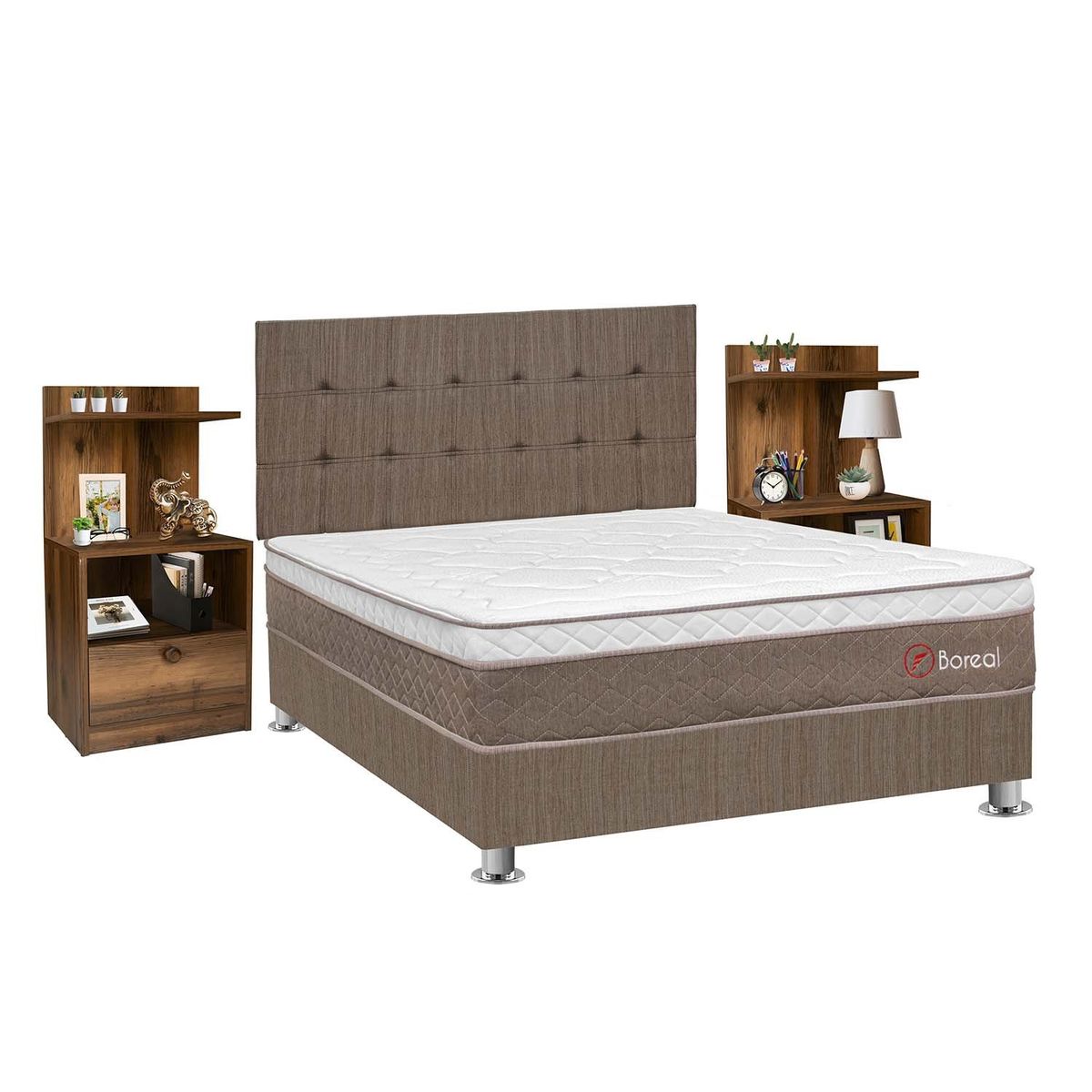 FORLI - Dormitorio Boreal Hiromi 2 Plz + 2 Veladores Repisa Lydia + 2 Almohadas Viscoelásticas + Protector