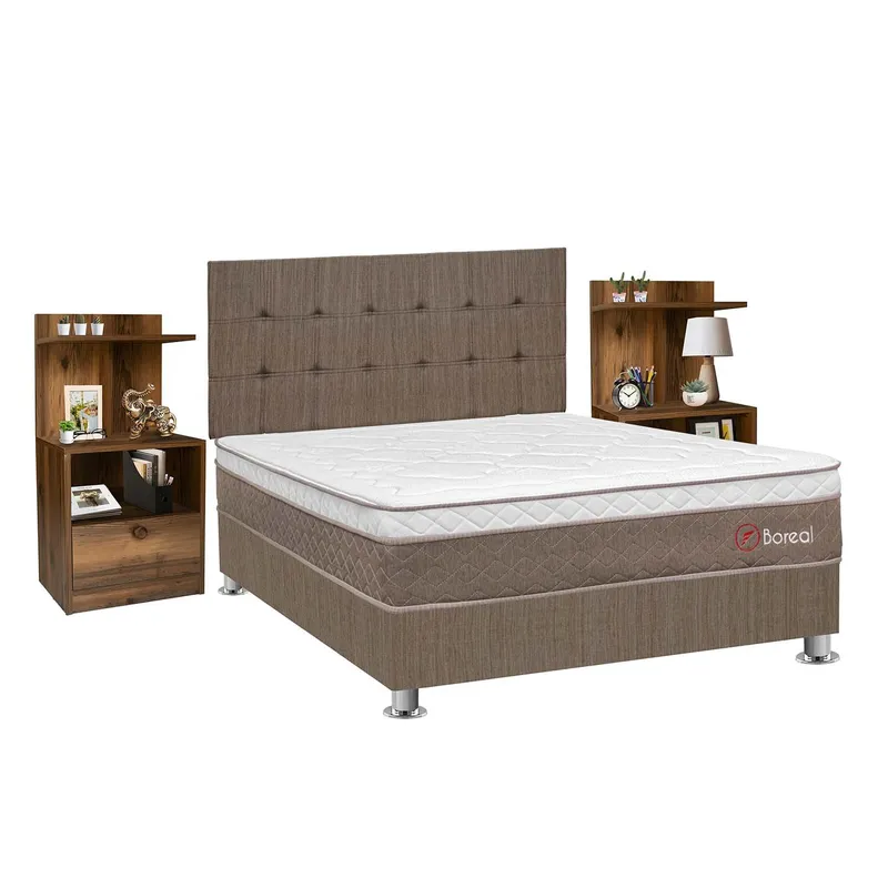 FORLI - Dormitorio Boreal Hiromi 2 Plz + 2 Veladores Repisa Lydia + 2 Almohadas Viscoelásticas + Protector