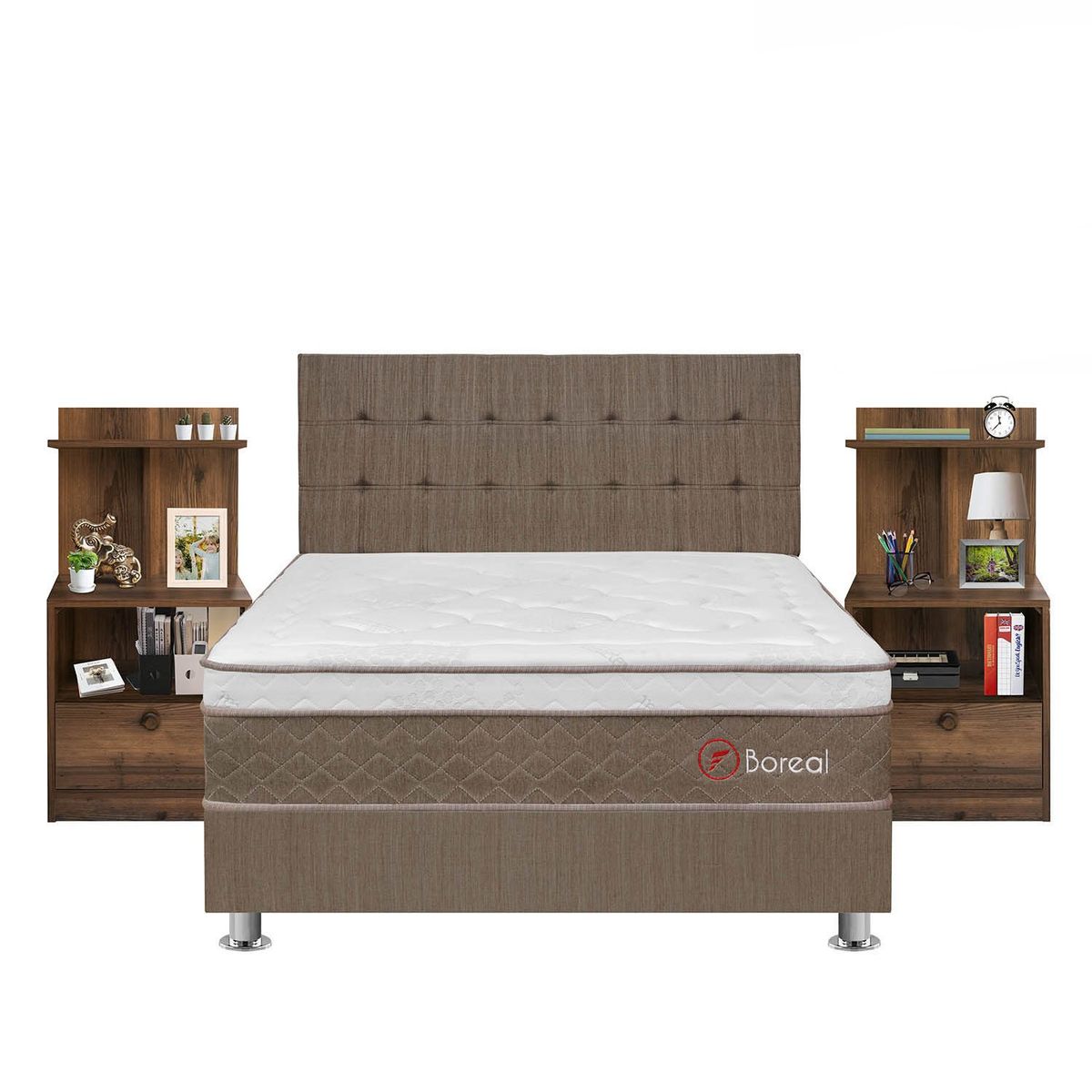 FORLI - Dormitorio Boreal Hiromi Queen + 2 Veladores Repisa Lydia + 2 Almohadas Viscoelásticas + Protector