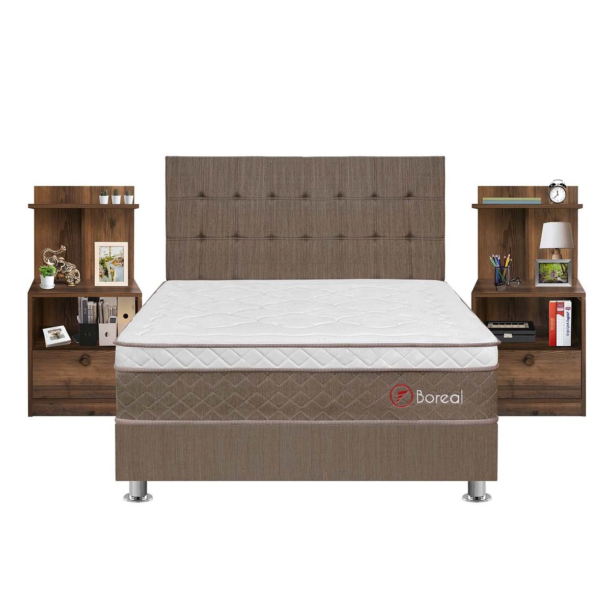 FORLI - Dormitorio Boreal Hiromi Queen + 2 Veladores Repisa Lydia + 2 Almohadas Viscoelásticas + Protector