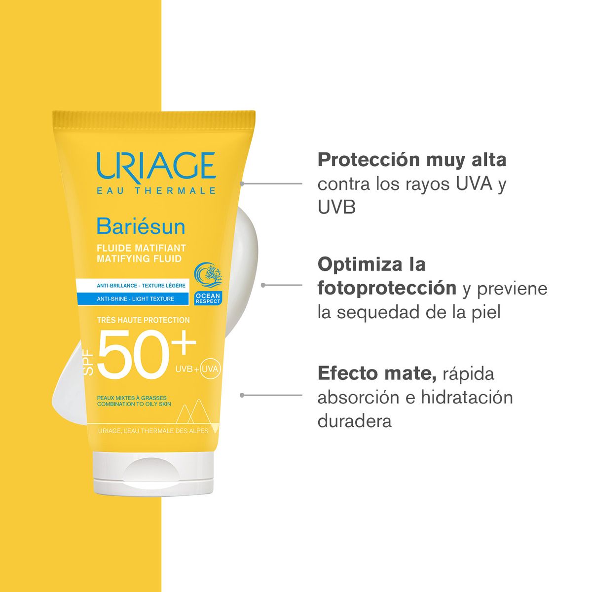 URIAGE - Uriage Bariésun Fluido Mat SPF50+ 50ml - Bloqueador solar facial para pieles mixtas a grasas