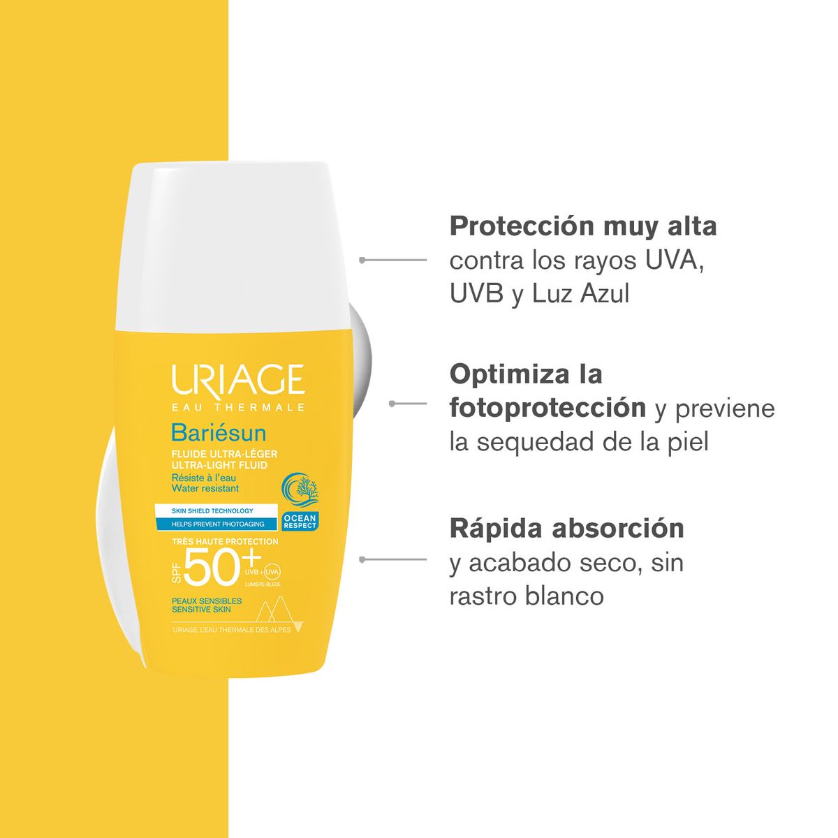 URIAGE - Uriage Bariésun Fluido Ultra ligero SPF50+ 30ml - Bloqueador solar facial para pieles sensibles