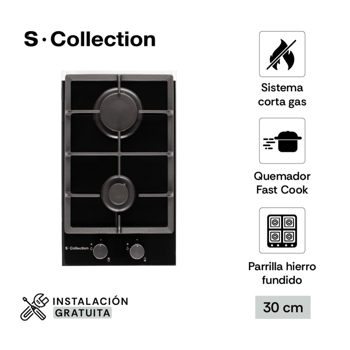 SCOLLECTION - Encimera Scollection Vidrio Templado A Gas 30Cm 2 Hornillas