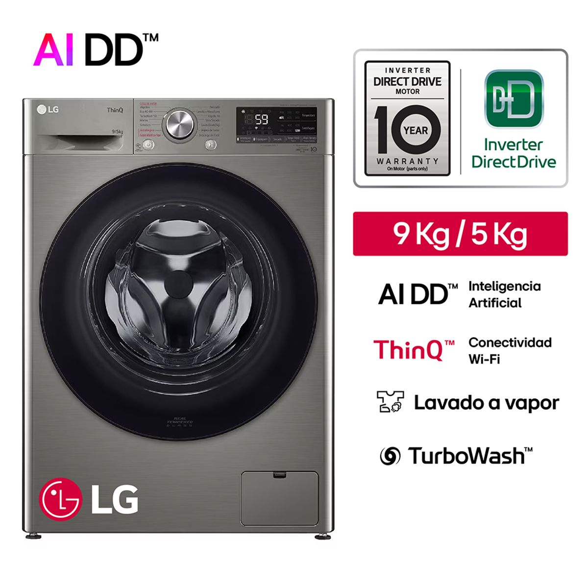 LG - Lavaseca WD9PVC4S6 9/5 Kg AI DD Carga Frontal Plateado LG