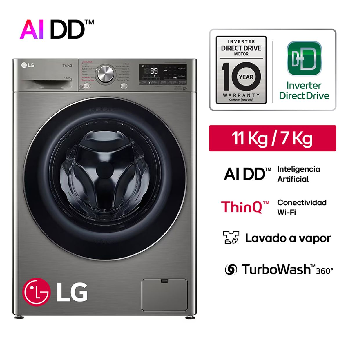 LG - Lavaseca WD11PVC3S6 11/7kg AI DD Carga Frontal Plateada LG