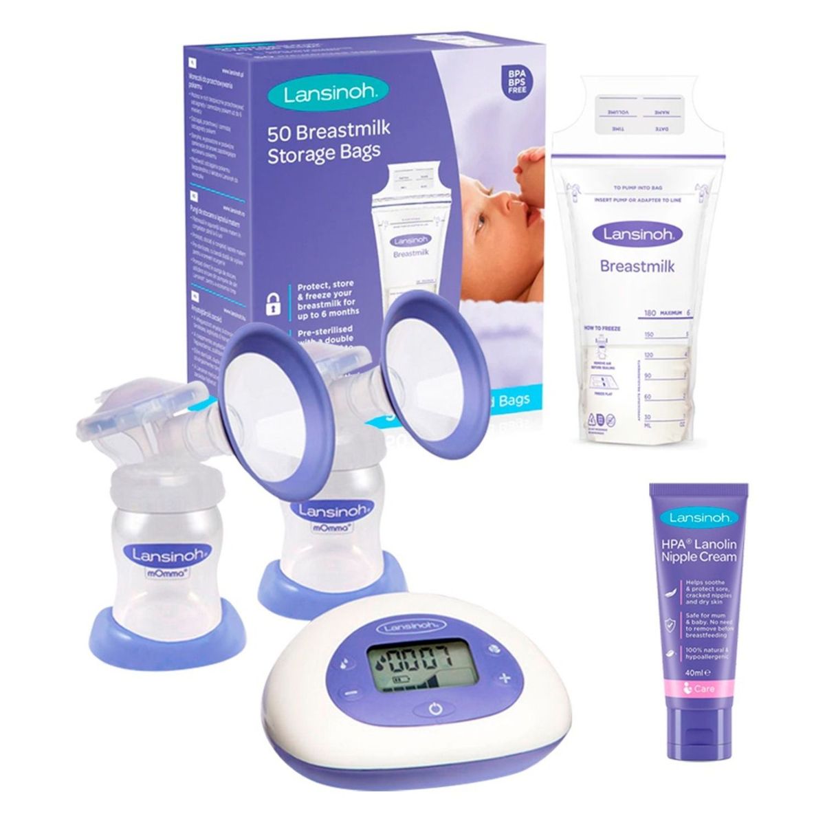 LANSINOH - Extractor Eléctrico Doble + Bolsas De Almacenamiento