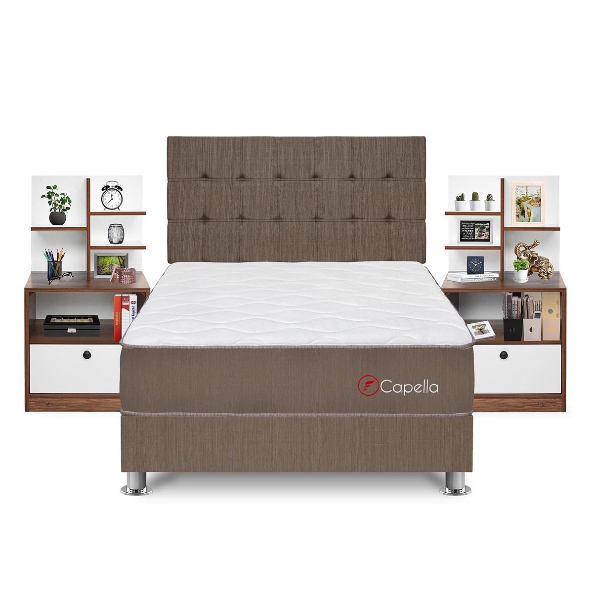 FORLI - Dormitorio Capella Hiromi 2 Plz + 2 Veladores Repisa Colors + 2 Almohadas + Protector