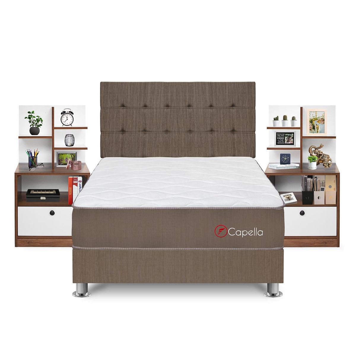 FORLI - Dormitorio Capella Hiromi 2 Plz + 2 Veladores Repisa Colors + 2 Almohadas + Protector