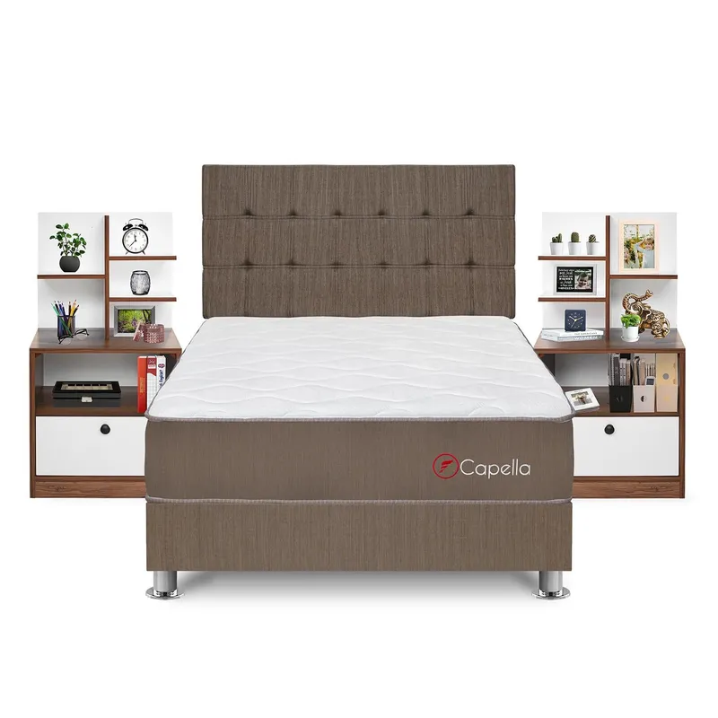 FORLI - Dormitorio Capella Hiromi 2 Plz + 2 Veladores Repisa Colors + 2 Almohadas + Protector