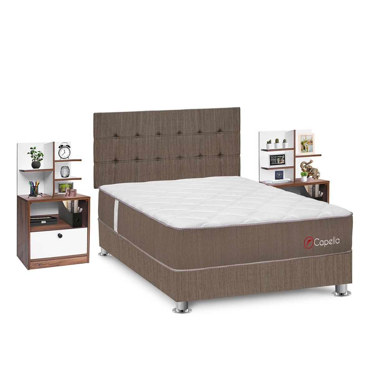 FORLI - Dormitorio Capella Hiromi 2 Plz + 2 Veladores Repisa Colors + 2 Almohadas + Protector