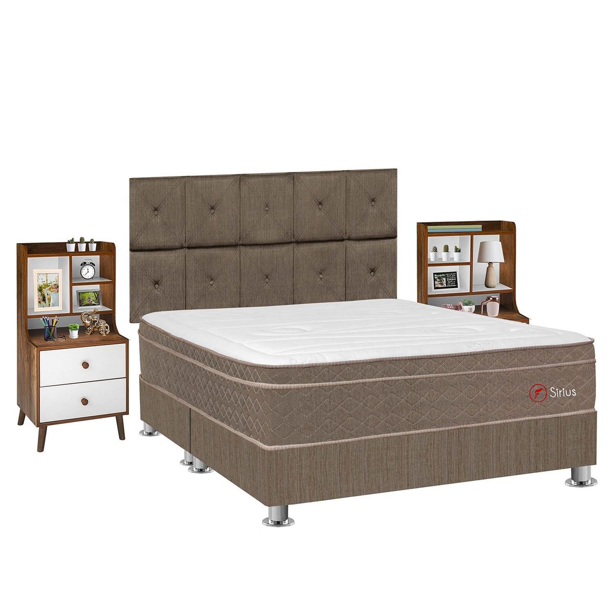 FORLI - Dormitorio Sirus Kimiko Queen + 2 Veladores Repisa Fashion + 2 Almohadas Viscoelásticas + Protector