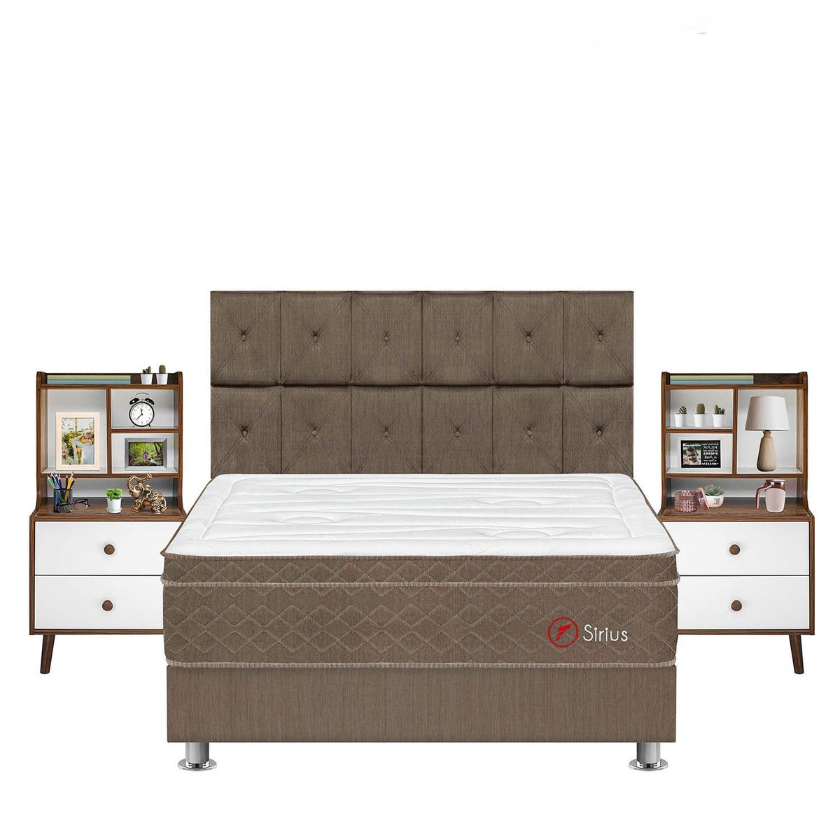 FORLI - Dormitorio Sirus Kimiko King + 2 Veladores Repisa Fashion + 2 Almohadas Viscoelásticas + Protector