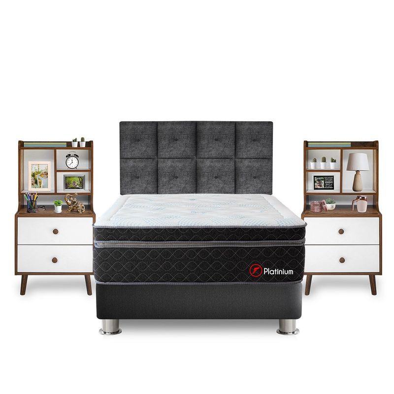 FORLI - Dormitorio Platinium Kimiko 2 Plz + 2 Veladores Repisa Fashion + 2 Almohadas Viscoelásticas + Protector