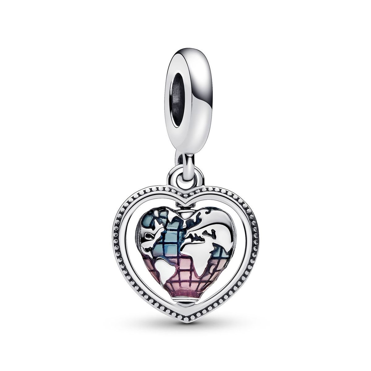PANDORA - Charm colgante de familia Globo terráqueo giratorio y corazón Pandora Plata Esterlina