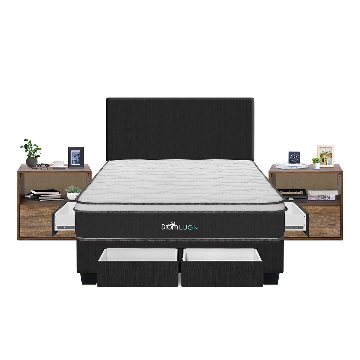 DROM - Dormitorio con Cajones Lugn Queen + 2 Veladores + 2 Almohadas y Protector
