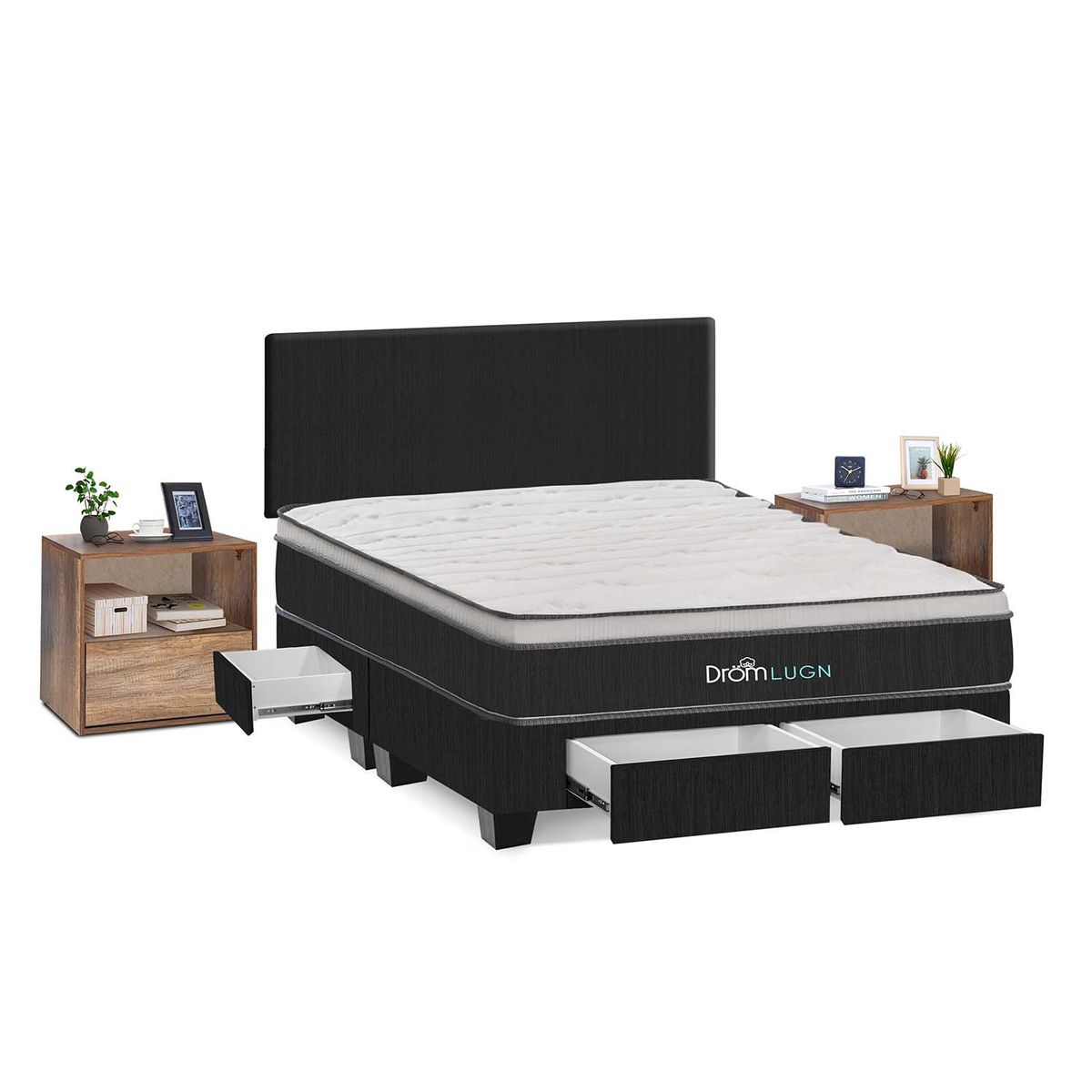 DROM - Dormitorio con Cajones Lugn Queen + 2 Veladores + 2 Almohadas y Protector