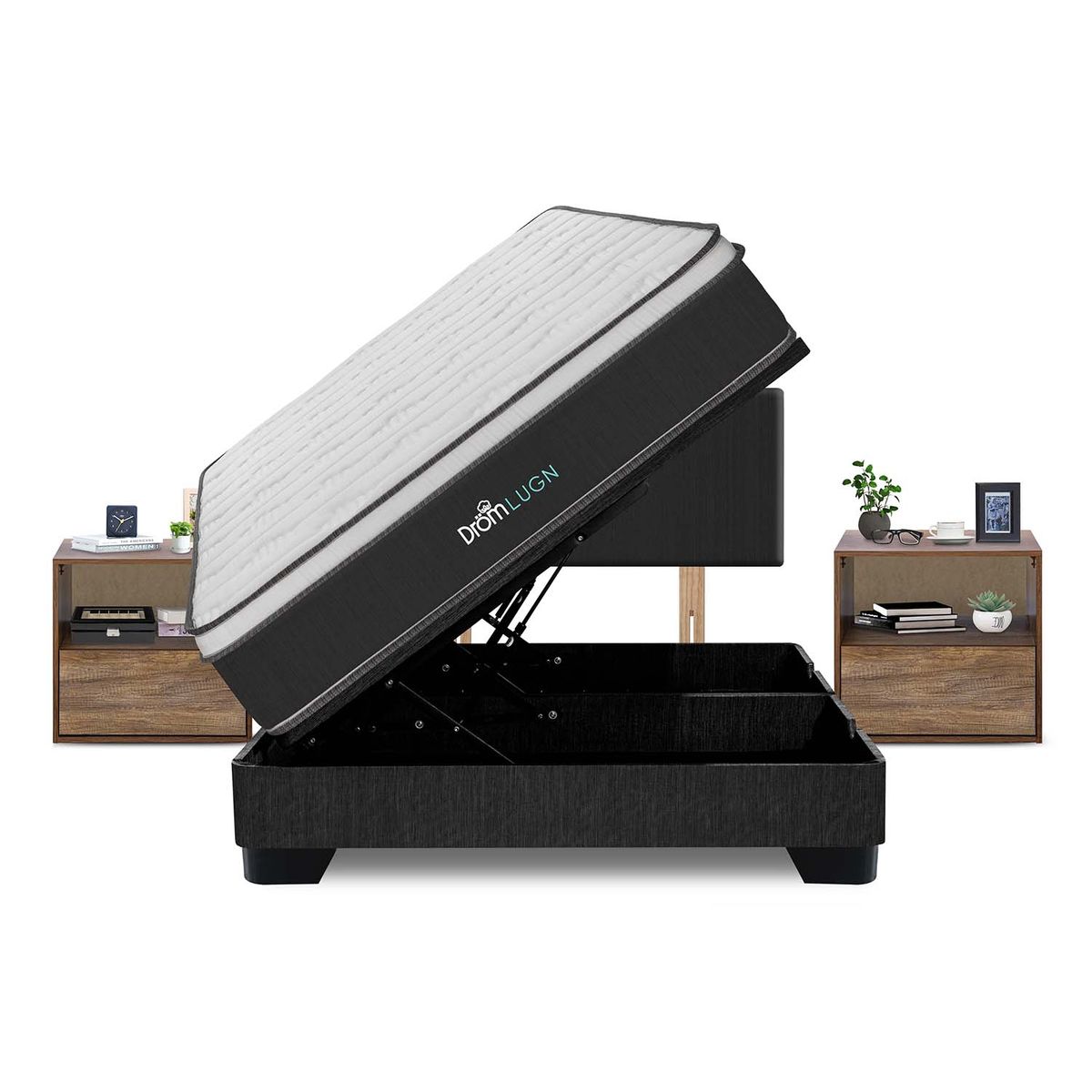 DROM - Dormitorio Boxet Lugn Queen + 2 Veladores + 2 Almohadas y Protector